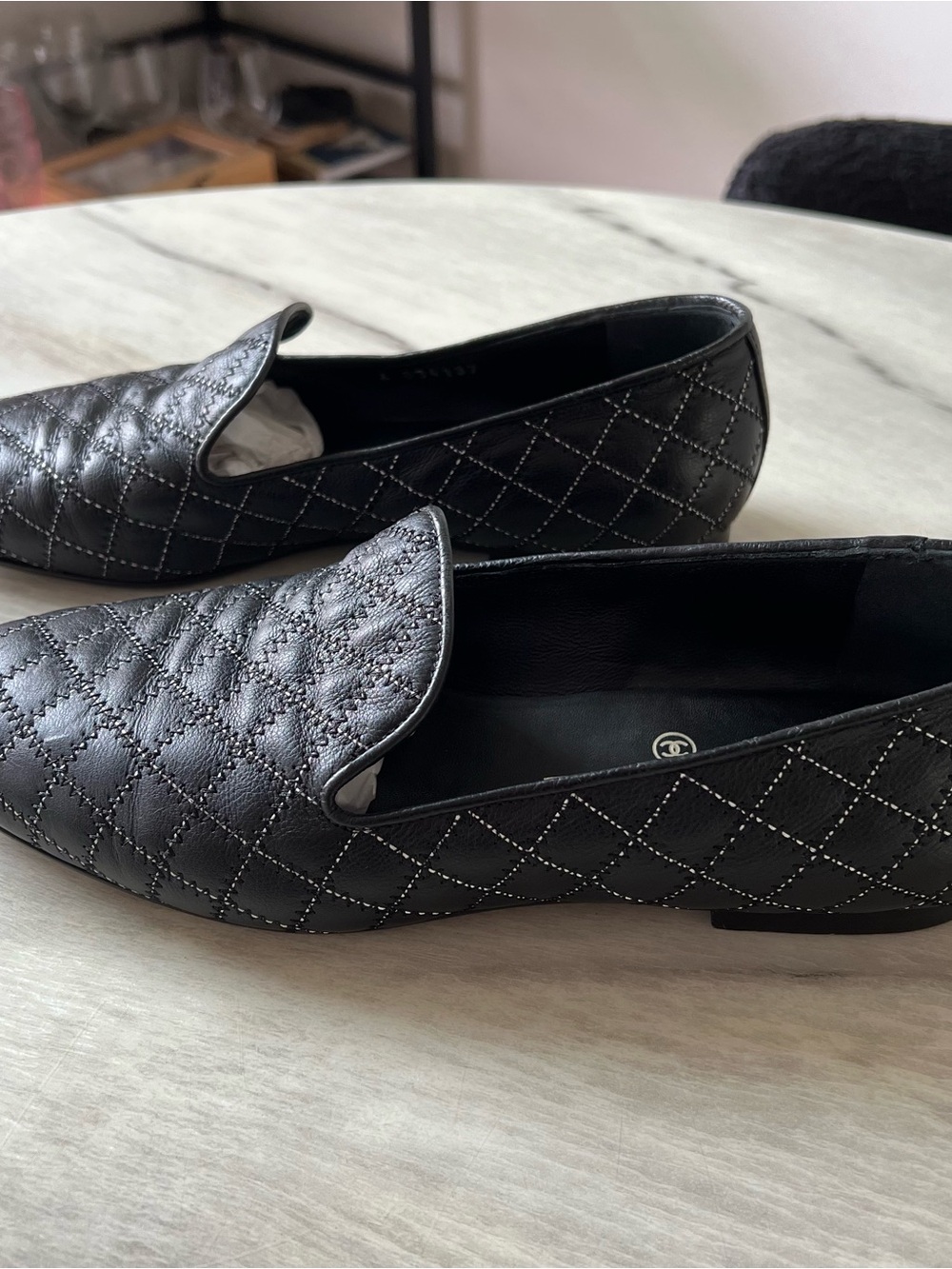 Chanel Black Zigzag & Contrast Diamond Moccasin Loafers - Picture 5 of 11